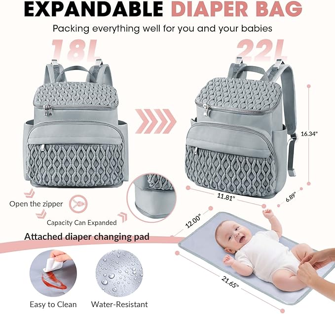 Baby Diaper Bag, Multi-Function Baby Bag for Mom Dad, Diaper Backpack with Changing Pad Stylish Pañaleras para Bebe Stroller Straps, Newborn Baby Essentials Must Haves for Women Grey Green