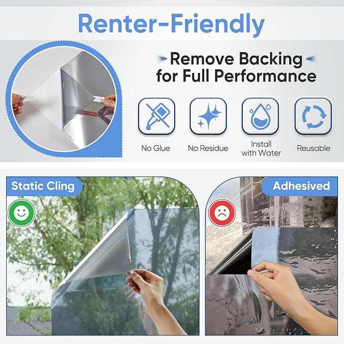 SUNBABY One Way Privacy Film Heat & UV Blocking, Static Cling No Glue Renter Friendly Cover for Home Bedroom, Office & Sliding Glass Door, 35.4 x 78.7 Inch with 3 Tools, Silver