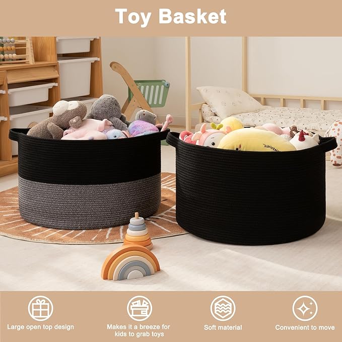 OIAHOMY 90L XXXLarge Blanket Basket for Living Room, 21.7" x 13.8" Woven Cotton Rope Laundry Basket for Organizing Pillows, Decorative Stuffed Animal Toy Storage for Nursery, Black