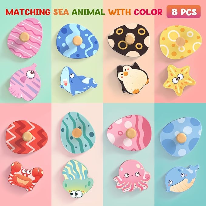 Zeoddler Wooden Puzzles for Toddlers, 8 Pcs Sea Animal Matching Egg Puzzle, Montessori Toys for Boy Girl Easter Birthday Gifts, Preschool Learning Activities & Educational Toys for Boys, Girls