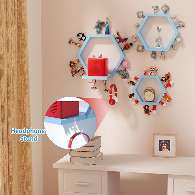 Hexagon Tonies Shelf Magnetic - Tonies Storage Shelf Set of 3 for Kid Room, Wooden Magnetic Display Shelf for TonieBox Holder, Wall Floating Shelves Toy Storage Compatible with Tony Accessories(Blue)