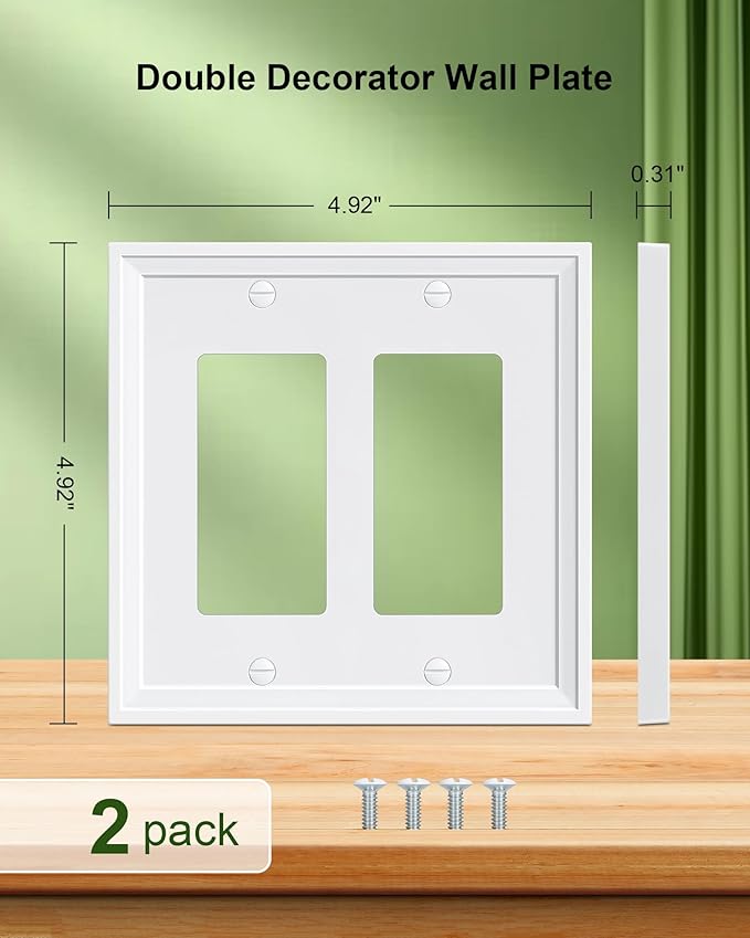 2-Pack Double Decorator Outlet Cover Plate, White Decorative Switch Plates and Outlet Covers, Natural Bamboo Fiber Wall Plates for Electrical Outlets, Receptacle, GFCI Outlet, Dimmer Switch