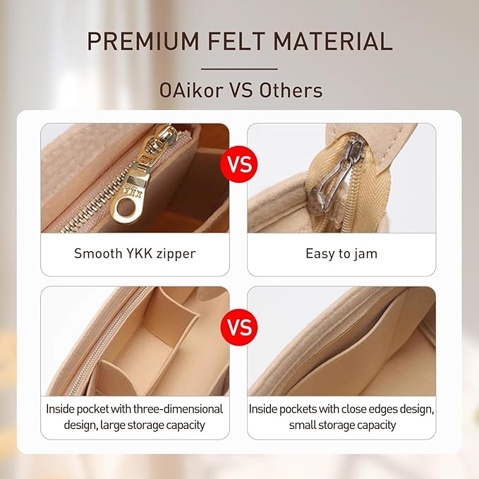 Purse Organizer Insert Compatible with Neverfull GM and More, Felt Zipper Bag Insert Liner with Base Shaper for Women Tote Handbags, Beige, XL