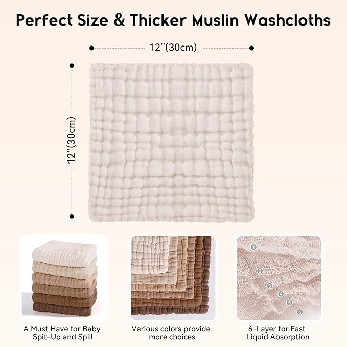 Unnivoll Muslin Burp Cloths Baby 12''X12'', Baby Washcloths 6 Pack, 100% Cotton Baby Wash Cloths Absorbent and Soft for Newborn Infants Kids Boys Girls - Gradient Brown