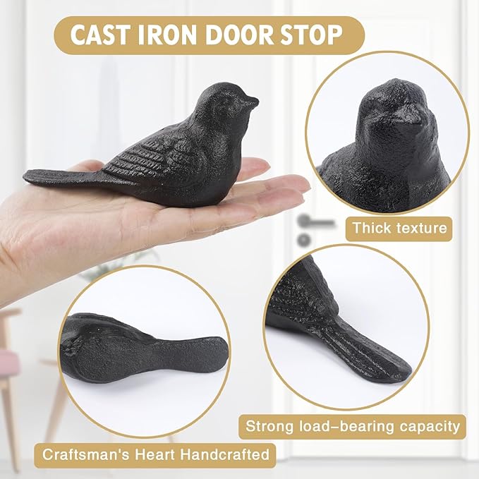 Cast Iron Door Stop Heavy Door Stopper Solid Metal Wedge for Indoor Outdoor Use Cute and Durable Doorstop (Black Bird, 2Pack)
