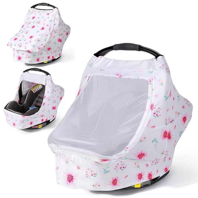 Orzbow Baby Car Seat Cover, Breathable Car Seat Canopy for Girls Boys with Mesh Window, Lightweight Baby Carrier Cover for Wind, Dust, Sun and Insects Protection, Universal Fit, Pink