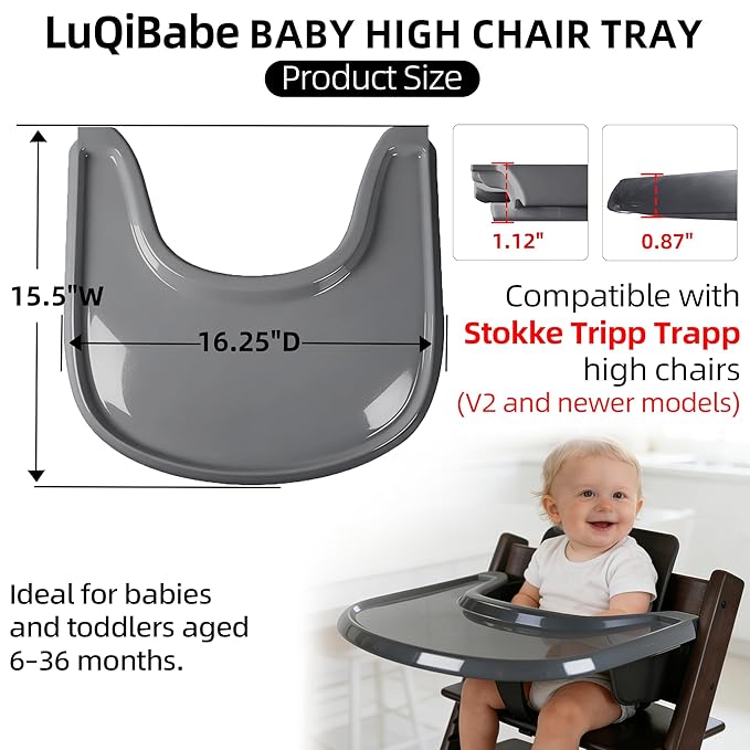 Baby High Chair Tray Compatible with Stokke Tripp Trapp V2+, Replacement Tray for Stokke High Chair, Smooth Surface & Strong Suction, BPA-Free & Dishwasher Safe, Toddlers 6–36 Months - Grey