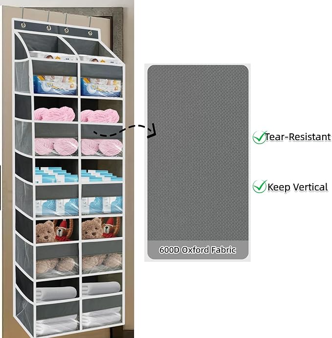 5 Tier Over the Door Organizer with 10 Clear Pockets & 10 Mesh Pockets - Extra Large Behind Door Storage for Closet, Nursery, Bedroom, Pantry | Diaper & Toy Organizer (Gray)