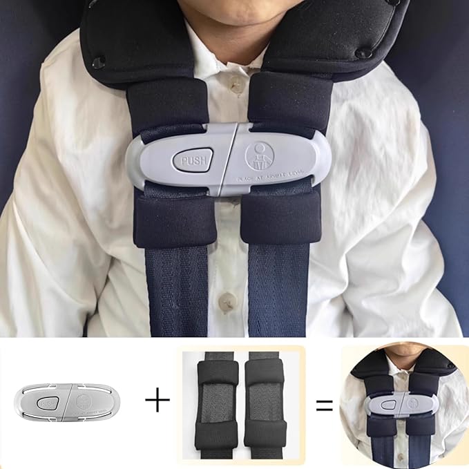 Universal Child Car Seat Chest Harness Clip Universal Safer Belt Clip Buckle Lock Stroller Chest Clip Adjustable Guard for Baby and Kids (Chest Clip and Pad Set-Gray)