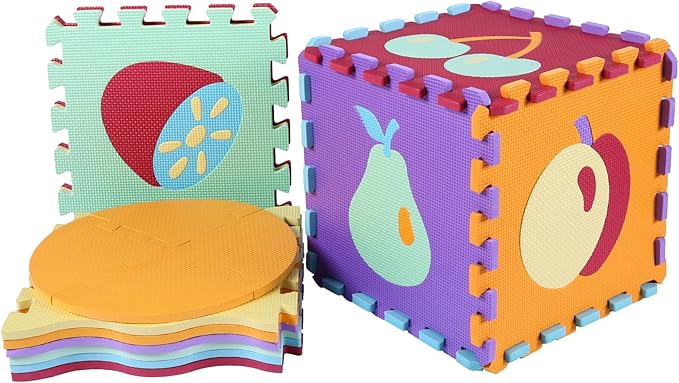 Tamiplay Foam Play Mat for Kids，25Pcs Square Interlocking Puzzle Floor Mat，Baby Play Mat Floor Mat Foam Puzzle Playmat for Toddlers with Fence（Fruit-CSH008