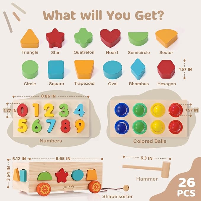 Jessruly Shape Sorter - Wooden Pound A Ball and Montessori Number Puzzle Set for Babies - Educational Sorting Game with Storage Car for Toddlers