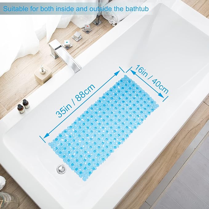 Bath Tub and Shower Mats, Non-Slip Pebble Bath Mat, 35 x 16 Inches Machine Washable Bathtub Mat with Drain Holes, Suction Cups for Bathroom (Clear Blue)
