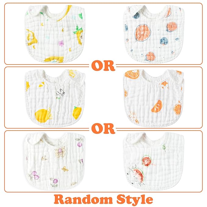 Zainpe 6Pcs Snap Muslin Cotton Baby Bibs Summer Strawberry Lemon Pattern Infants Feeding Bib Adjustable Machine Washable Unisex Burp Cloths with 6 Absorbent & Soft Layers for Drooling and Teething