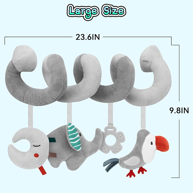 FPVERA Car Seat Toys for Babies 0-6 Months: Travel Baby Toy for Soft Hanging Toys for Carseat, Spiral Stroller Activity Toy Plush for Infant Boys Girls, Grey Elephant