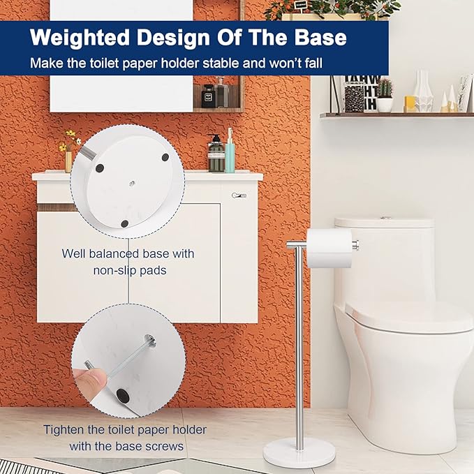 NearMoon Bath Toilet Paper Holder Stand- Modern Tissue Roll Holder Standing with Balanced Base, Rustproof Toilet Roll Holder for Bathroom/Kitchen Countertop (Brushed Nickel, Marble Base)