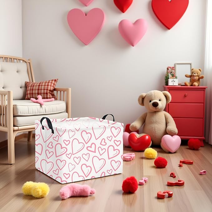 TIBAOLOVER Rectangular Valentines Basket for Home Kitchen Girls Cute Kids Storage Bin Organizer Shelf Book Room Decor(Pink Line Hearts)