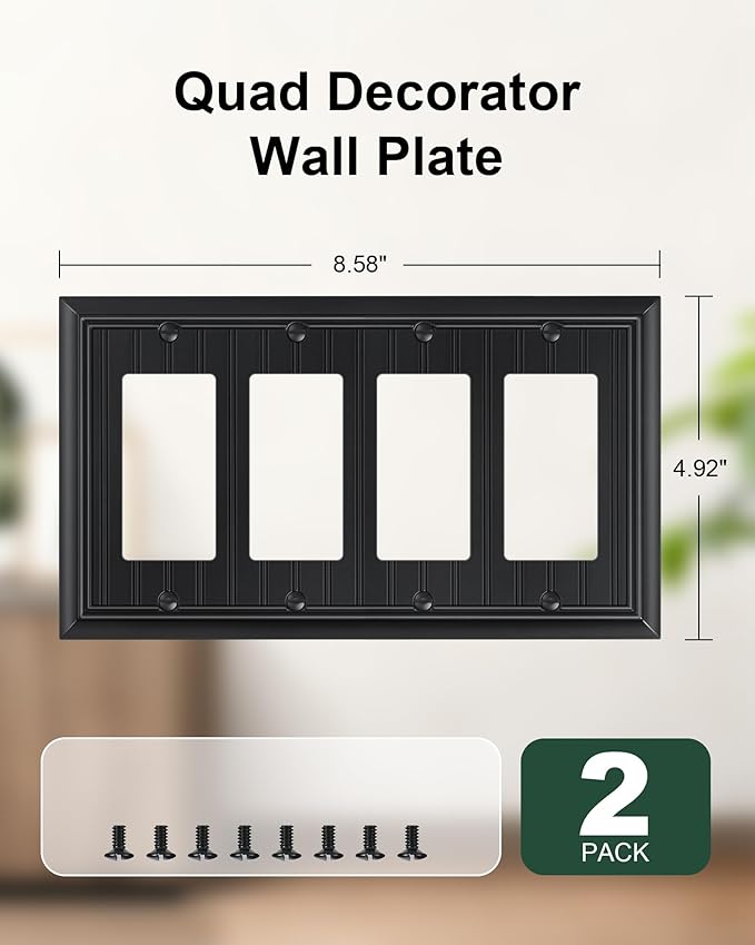 2-Pack Classic Beadboard Double Duplex Outlet Cover, Matte Black Decorative Switch Plates and Outlet Covers for Electrical Outlets, Durable Natural Bamboo Fiber Wall Plates, 2 Gang Receptacle Cover
