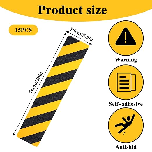 15 Pack Grip Tape for Stairs, 30 x 5.9 in Black and Yellow Anti Slip Tape High Traction Friction Abrasive Non Skid Safety Tapes for Steps Outdoor Waterproof