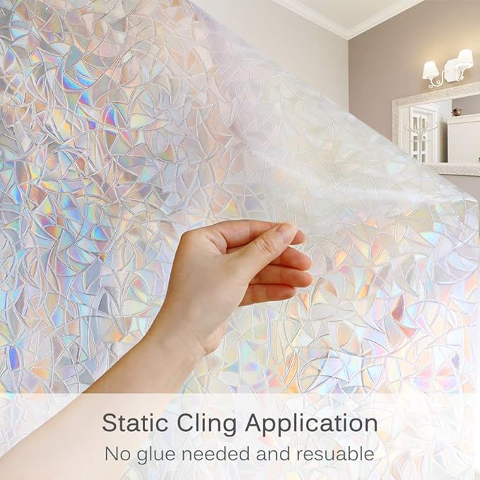 Volcanics Window Privacy Film with Installation Tools, Static Window Clings Vinyl 3D Decals Stickers Rainbow Window Film for Glass Door Home Heat Control Anti UV 23.6 x 78.7 Inches
