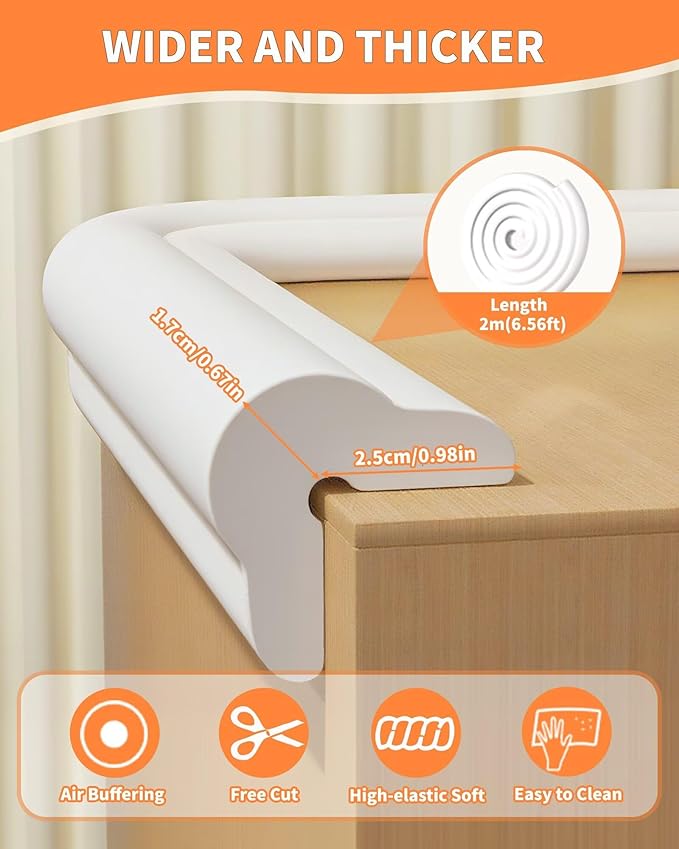 QYV Edge Protector for Baby Proofing, 6.6FT 0.67’’Th L-Shape Air Buffering Soft NBR Rubber Foam Furniture Edge Bumper Guards with 6 Corners, Pre-Taped, Thick Table Bumper Guard for Babies (White-gray)