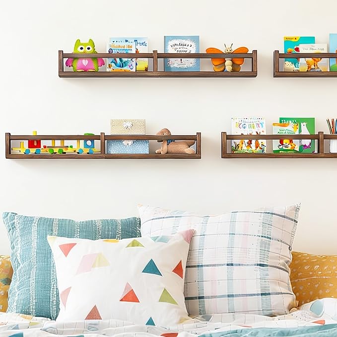 Fixwal Nursery Book Shelves, 32 Inch Floating Bookshelves for Wall Set of 4, Baby Nursery & Playroom Decor, Solid Wood Wall Mounted Shelves for Books and Toys Storage (Brown)