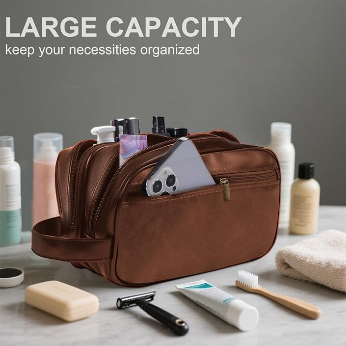 Mens travel toiletry bag, Gift For Men，PU Leather Water Resistant Cosmetic Bag Pouch Dopp Kit Shaving Bag with Large Capacity for Toiletries Accessories(Brown)