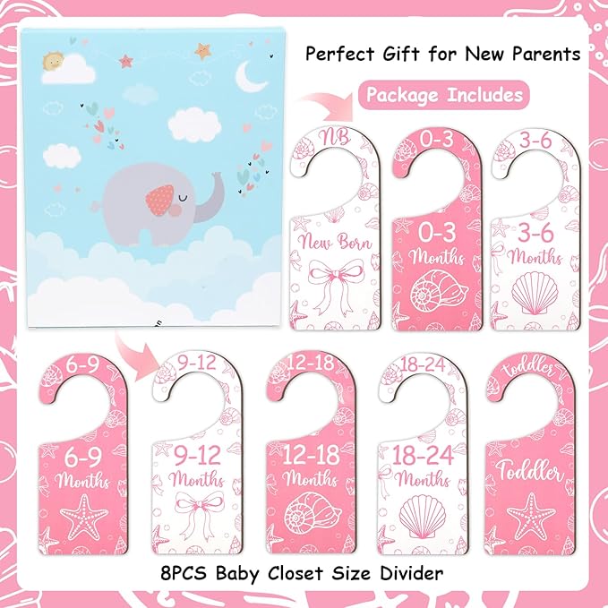 Baby Closet Dividers 8PCS, Pink Shell & Bows Themed Wooden Double-Sided Clothes Size Hanger/Organizer from Newborn to Toddler for Nursery Decor Baby Shower Birthday Party Gift