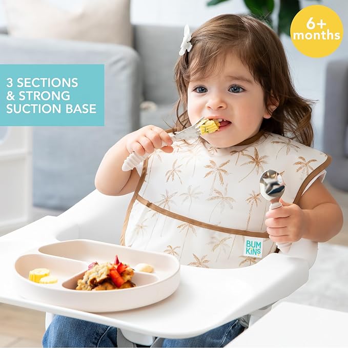 Bumkins Toddler and Baby Suction Plate, Silicone Divided Grip Dish, Babies and Kids, Baby Led Weaning, Children Feeding Supplies, Non Skid Sticky Bottom, Platinum Silicone, Ages 6 Months Up, Beige