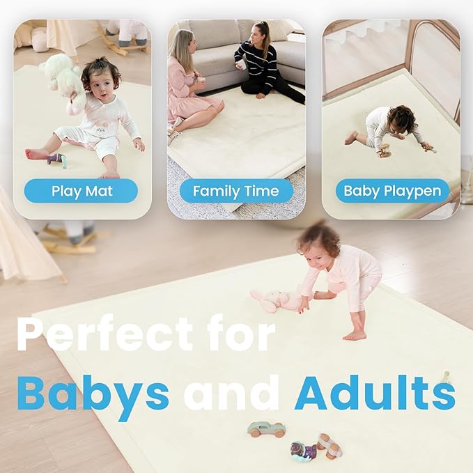 1.3" Thick Baby Floor Play Mat, 59x79 Padded Foam Tummy Time Crawling Mat, Non-Slip Water-Repellent Soft Plush Nursey Area Rug for Playroom Bedroom Living Room (Ivory)