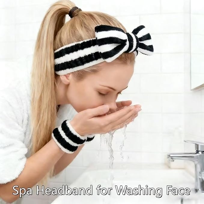 7 Pcs Spa Set, Facial Headband and Wristband Set, Skincare Accessories, College Style Girl Gift, Hair Accessories for Women and Girls（Black White Stripe ）
