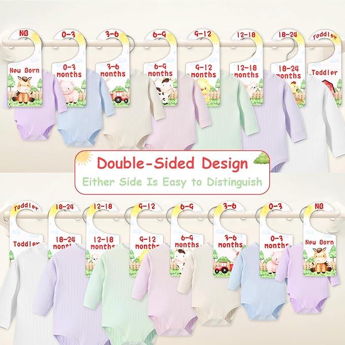 Baby Closet Dividers 8PCS, Farm Animal Theme Wooden Double-Sided Clothes Size Hanger Organizer from Newborn to Toddler for Nursery Decor Baby Shower Birthday Gift (Includes Gift Box)