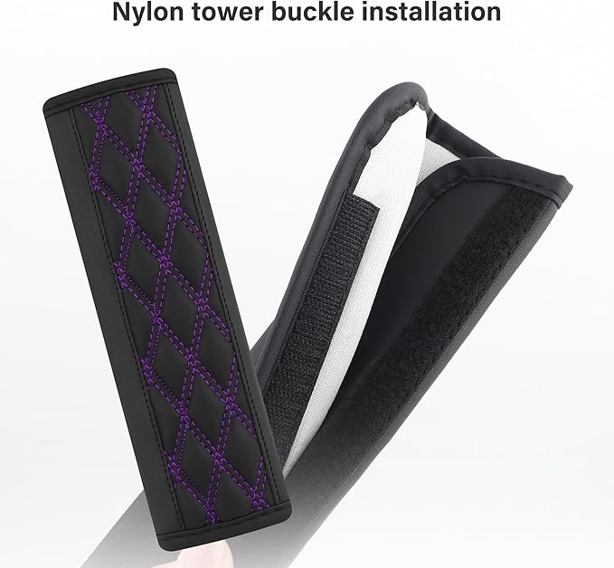 2PCS Car Seat Belt Cover Pads,Leather Seatbelt Covers Protect Shoulder and Neck Car Accessories Interior,Universal Car Seat Strap Pads Car Decorations for Most Cars Trucks (Black/Purple)