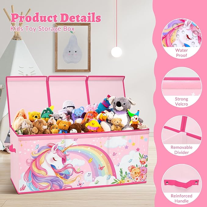 decalsweet Kids Toy Box Storage Chest Collapsible Storage Bin with Lids Handles for Boys Girls Toddler, Large Kids Toy Organizer Box for Kidsroom Bedroom Playroom Nursery,37.7"x12.5"x15.7"
