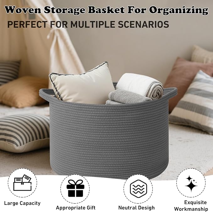 Large Storage Basket with Handle,23.6" x 23.6" x 15.7" Blanket Basket Storage Bins for Organizing,115L Cotton Rope Woven Baskets for Living Room, Nursery,Bedroom,Dark Gry