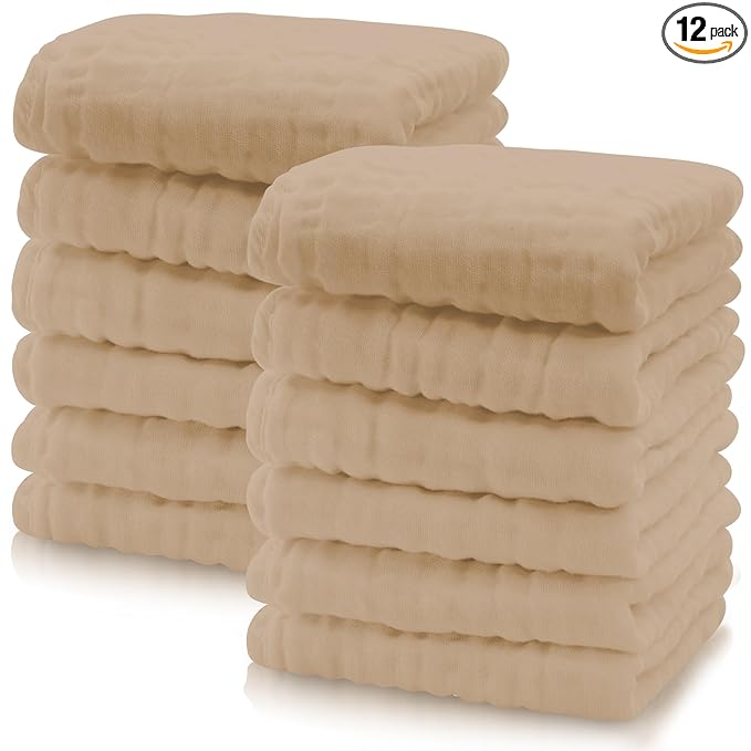 Cute Castle 12 Pack Muslin Baby Washcloths - Large 12'' by 12'' - Ultra Soft 100% Cotton - Super Absorbent Burp Cloths for Unisex, Boy, Girl -Brown