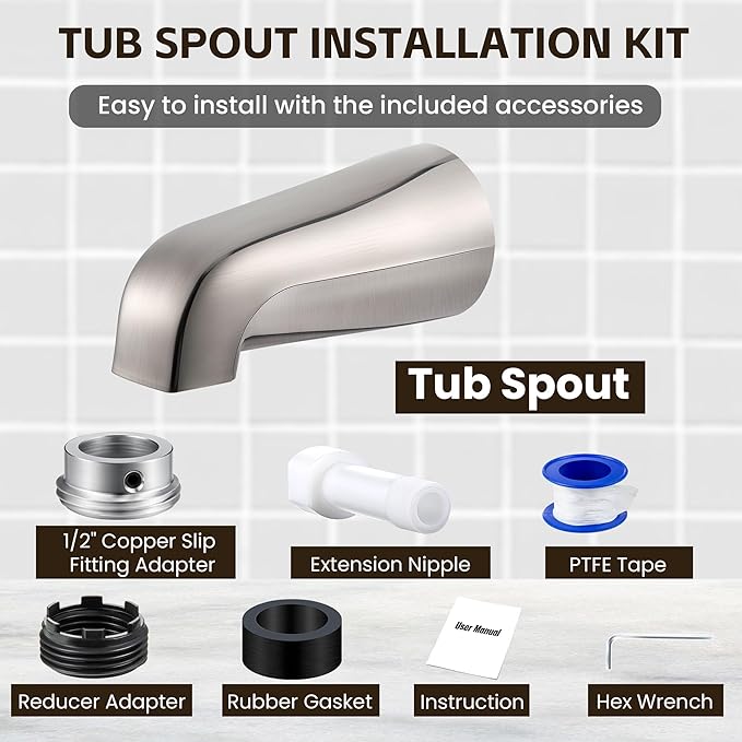 Dreyoo Tub Spout (Universal Fits 1/2" Copper Pipe, 1/2" IPS and 3/4" IPS), Bathroom Bathtub Faucet with Adapters and Hex Wrench(Brushed Nickel,Without Diverter)