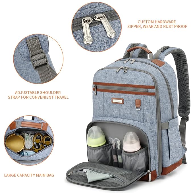 BILLITON MASHI Diaper Bag Backpack, Large Baby Nappy Bags with Portable Changing Pad for Boys and GirlsMultifunction Travel Baby Bag for Moms Dads, Shower Gifts Waterproof and Stylish，Light Blue