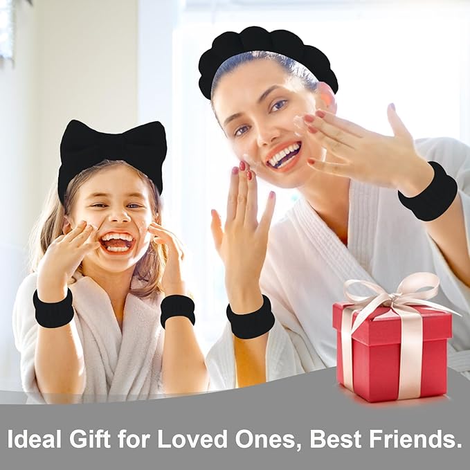Canitor Sponge Spa Headbands Wristband Set with Hair Clips Skincare for Washing Face Non Slip Puffy Terry Cloth Makeup Headband Face Wash Wrist Bands Cute Trendy Stuff (black)