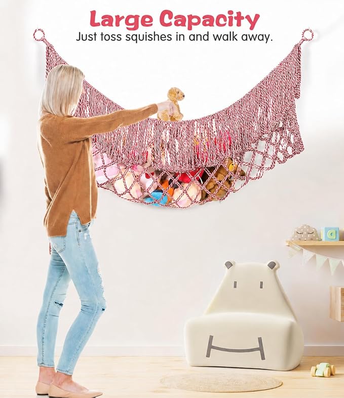 Stuffed Animal Hammock - Extra Large 63'' Long, Stuffed Animal Storage, stuffed animal Holder net, Hammock Large, Storage Hanging Organizer - red-white