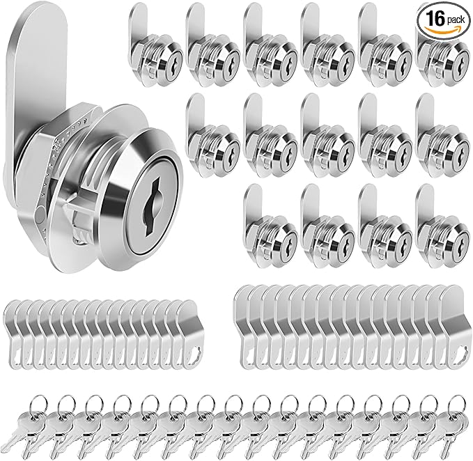 Cam Locks Cabinet Locks Keyed Alike, 5/8'' (Length) Cylinder Fits on 3/8'' Max Panel Thickness, Secure Files Drawers Mailbox RV Storage Locks Replacement Set, Zinc Alloy(5/8 Inch 16Pcs)