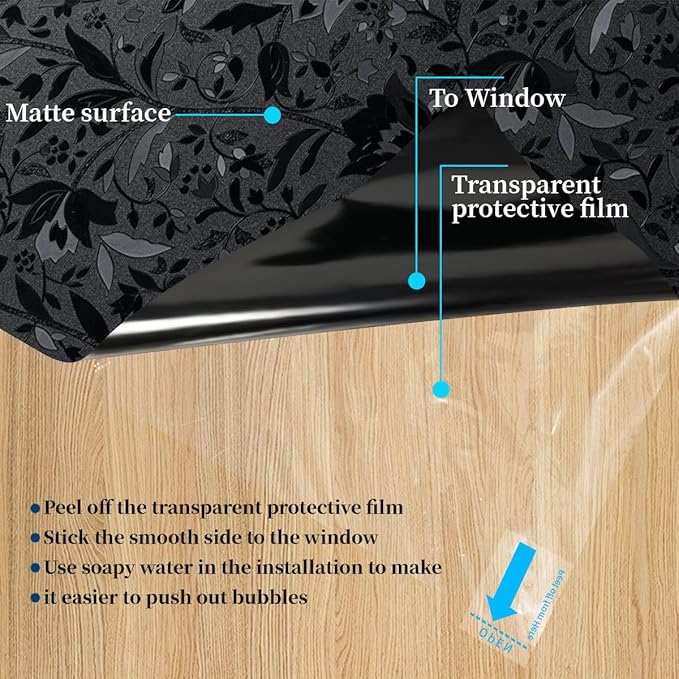 Bloss Blackout Window Privacy Film, 100% Sun Blocking Privacy Cover for Glass, Removable Room Darkening Black Out Window Tint, Static Cling Frosted Glass Film (Black/Tulip, 35.4" x 78.7")