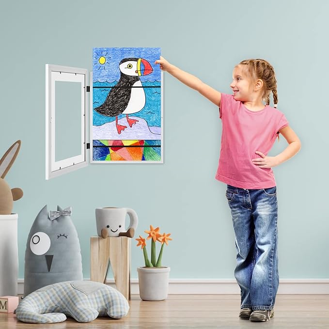 [2-Pack] Kids Art Frames, 11x14 Front Opening Kids Artwork Frames Changeable, White Artwork Display Storage Frame for Wall, Holds 50 Pcs, for 3D Picture, Crafts, Children Drawing, Hanging Art,