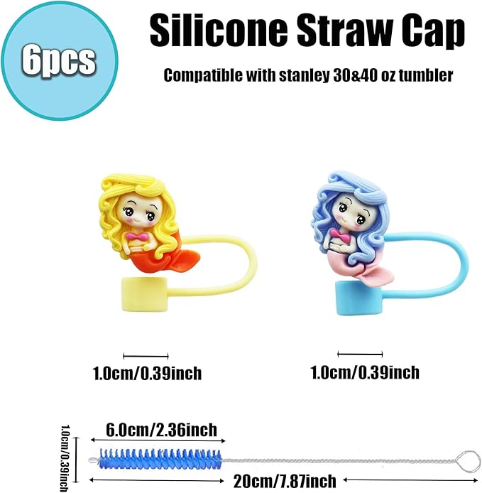 6Pcs 10mm Curly Haired Mermaid Straw Cover for Stanley Cup,Dust-Proof Straw Topper for 30&40 oz Tumblers and Water Bottles,Reusable Tumbler Cup Accessories for Stanley，Funny Gifts for Women & Girls