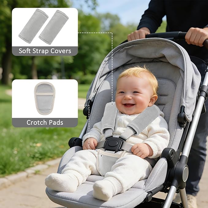 SWESEN Baby Car Seat Strap Covers, 3 Piece Soft Car Seat Strap Shoulder Pads for Baby Girls Boys, Double-Sided Use carseat Straps Covers for Stroller, Car Seats, Pushchair, Gray
