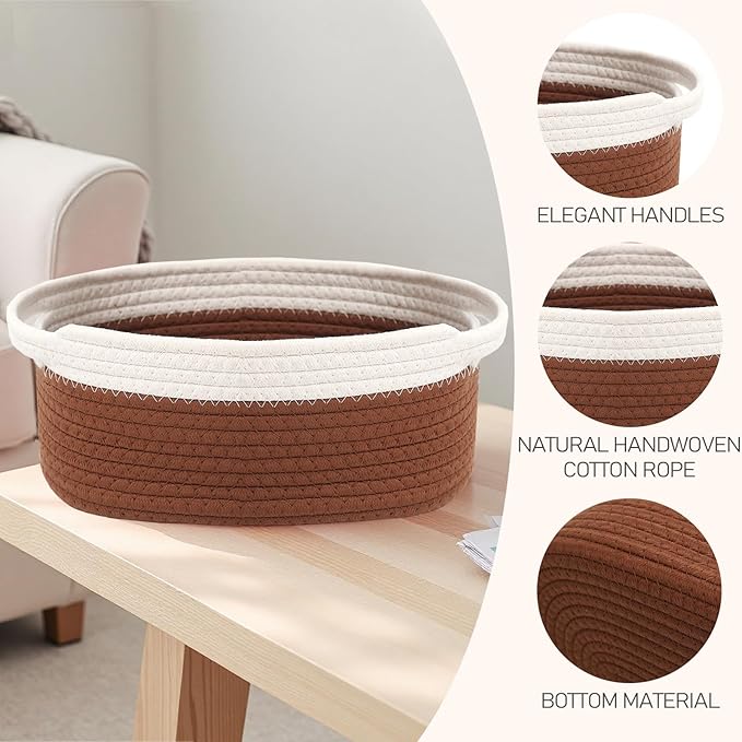 JMvicyroam Woven Basket,Small Rope Storage Bin with Handles & Ribbon Bag, Organizer for Shelves Closets,Gift Basket Empty for Birthday,Books,Dog Toys, White&Brown/3 Pack
