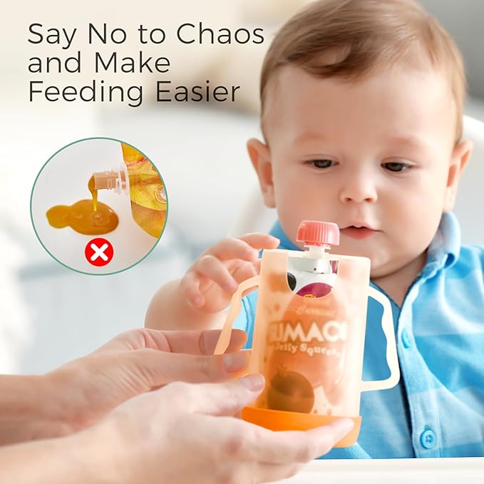 Momcozy Baby Pouch Holder No Squeeze for Food Pouches and Drink Boxes, Allows Baby to Self-feed and Avoid Messes, Baby Food Pouch Holder Handle is Easy to Grip, Comfortable, Green&Orange