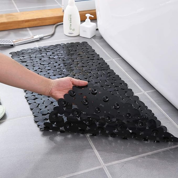 WELTRXE Non Slip Bathtub Mat 35 x 16 Inches Pebbles Shower Mats with Suction Cups, Drain Holes for Bathroom Showers, Tub, Machine Washable Bathroom Mats BPA, Latex Free Safe Tub Mats - Black