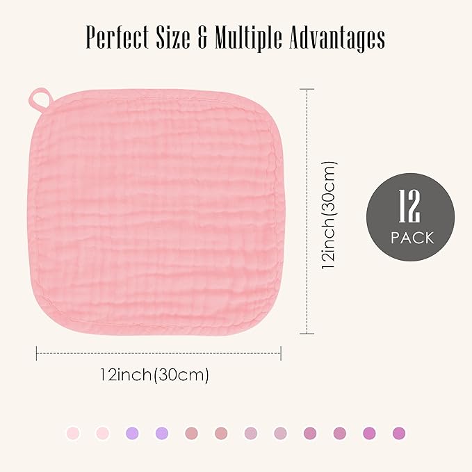 Baby Washcloths -100% Cotton Muslin Soft Baby Bath Wash Cloths and Absorbent Baby Wipes for Newborns Kids Girls and Boys - 12 Pack, 12x12 Inches - Pink, Purple, Sakura Series