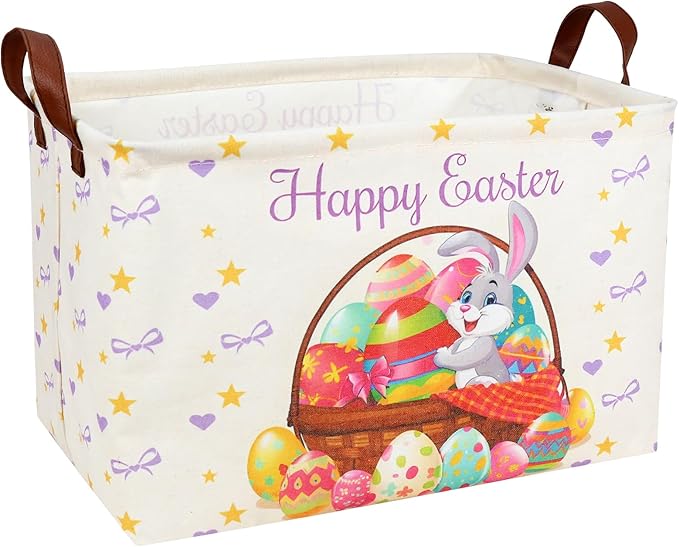 ASKETAM Easter Basket for Kid Large Empty Baby Rectangular Cute Easter Gift Storage Basket Bunny Eggs Décor (Rabbit Purple Bow Tie)
