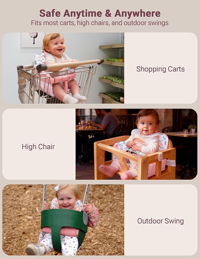 Shopping Cart Cover for Baby Girl, High Chair Cover for Restaurant, Padded, Hygienic Grocery Cart Seat Cover & Swing Insert with Safety Harness & Pockets, Machine Washable (Pink)